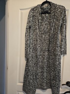 Long Open-Front Black & White Knit Cardigan Sweater